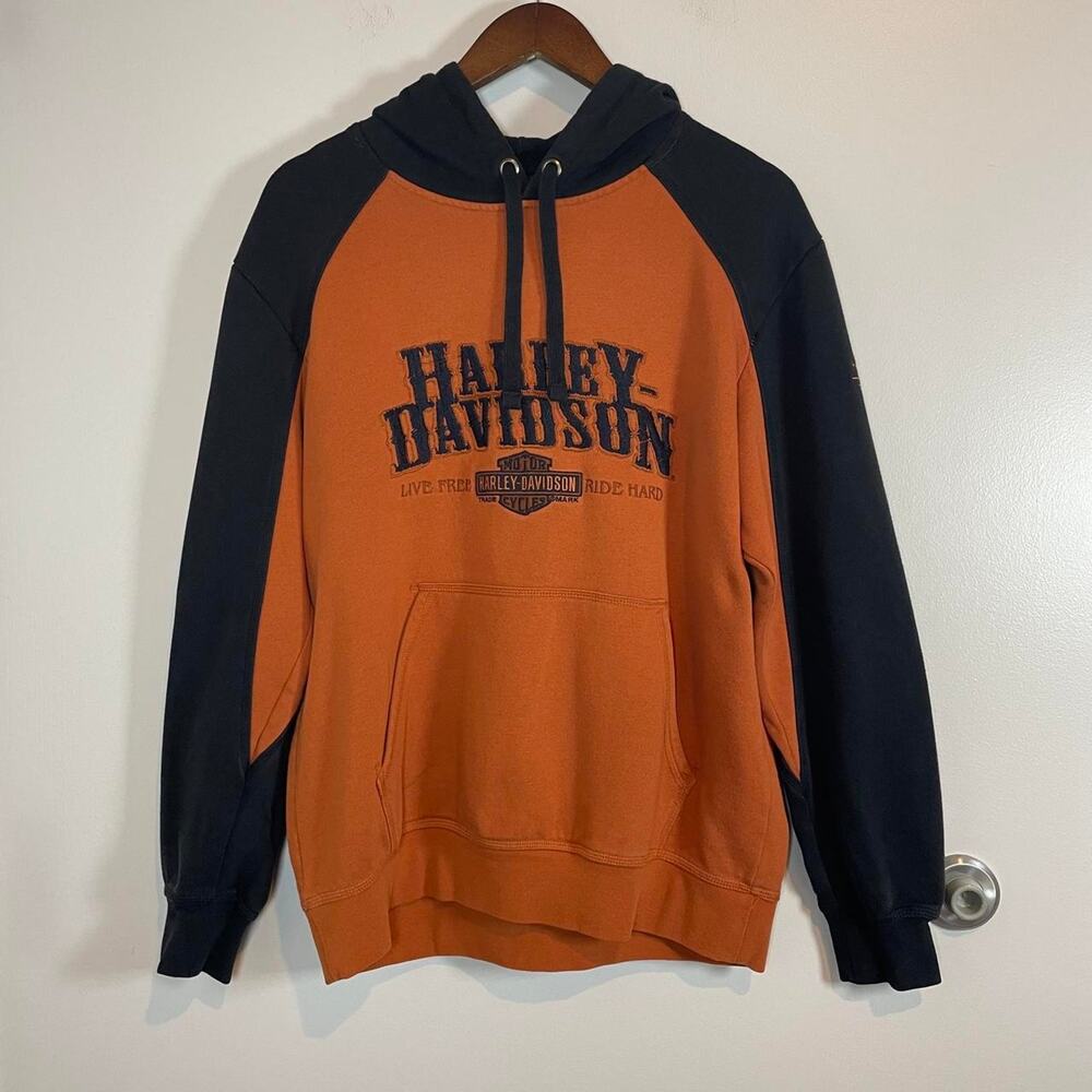 Harley Davidson Biker Distressed Grunge Orange Medium Hoodie Sweatshirt